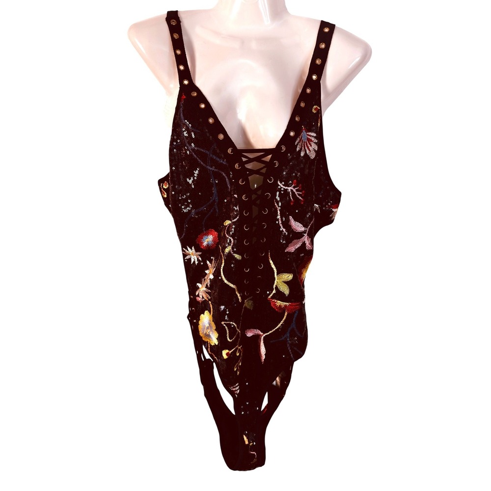 Fashion Nova I'm A Flirt Floral Lace Up Swimsuit‎ Black Sequin Bodysuit 1X Sexy
